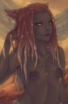  animal_ears breasts brown_hair cat_ears cat_tail dark_skin earrings facial_mark final_fantasy final_fantasy_xiv inverted_nipples jewelry long_hair miqo'te necklace nipples scar slit_pupils small_breasts solo soranamae tail topless yellow_eyes 