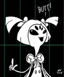  animal_humanoid arthropod clothing dialogue english_text fangs female hair hair_bows humanoid muffet multi_arm multi_eye multi_limb nessvii pointing solo spider_humanoid text undertale video_games 