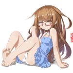  adjusting_hair arm_support barefoot blush camisole dd_(ijigendd) feet full_body glasses hair_flaps kantai_collection legs legs_up long_hair looking_at_viewer mochizuki_(kantai_collection) panties pantyshot red-framed_eyewear simple_background sitting solo underwear very_long_hair white_background 