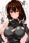  ar_(lover_boy) blush breasts brown_eyes brown_hair cleavage damaged grin hair_over_one_eye hair_ribbon hands_on_hips highres ise_(kantai_collection) kantai_collection large_breasts ribbon shirt skin_tight smile solo sweat torn_clothes torn_shirt translation_request 