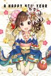  :d bangs bell bird blue_kimono brown_eyes brown_hair chick chicken chinese_zodiac commentary_request curly_hair daruma_doll ema eyebrows_visible_through_hair feathers flower hair_feathers hair_flower hair_ornament happy_new_year highres japanese_clothes jingle_bell kanzashi kimono kneeling morikura_en new_year obi open_mouth original own_hands_together rooster sash side_ponytail smile solo teeth year_of_the_rooster 