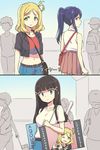  3girls bag bangs belt blonde_hair blue_hair brown_hair casual caught comic crop_top denim empty_eyes green_eyes hair_ornament hairclip handbag jeans kurosawa_dia long_hair looking_back love_live! love_live!_sunshine!! matsuura_kanan midriff mole mole_under_mouth multiple_girls navel ohara_mari one_side_up otaku pale_face pants parody pas_(paxiti) ponytail purple_eyes shirt shopping_bag subtitled t-shirt translated 