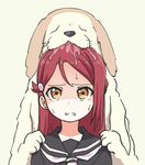  biting dog drooling hair_ornament hairclip head_biting long_hair love_live! love_live!_sunshine!! pas_(paxiti) red_hair sakurauchi_riko saliva school_uniform serafuku shiitake_(love_live!_sunshine!!) sweatdrop uranohoshi_school_uniform yellow_eyes you_gonna_get_raped 