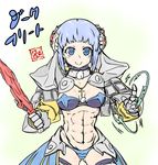  abs armor bikini_armor blue_eyes blue_hair breasts cross gauntlets highres medium_breasts muscle muscular_female panties ragnarok_iris ragnarok_online royal_guard solo thighhighs underwear weapon 