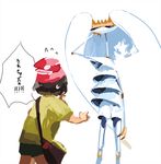  antennae bad_id bad_twitter_id black_hair flying_sweatdrops gen_7_pokemon green_shorts hat mizuki_(pokemon) outstretched_arms pheromosa pleo pokemon pokemon_(creature) pokemon_(game) pokemon_sm purple_eyes red_hat shirt short_hair shorts simple_background sweat translation_request ultra_beast yellow_shirt 