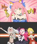  &gt;_&lt; 4girls altera_(fate) bakyu-n!! blonde_hair comic commentary elizabeth_bathory_(fate) elizabeth_bathory_(fate)_(all) fate/extella fate/extra fate/extra_ccc fate_(series) hadoukirby highres multiple_girls nero_claudius_(fate) nero_claudius_(fate)_(all) one_eye_closed parody pink_hair style_parody tamamo_(fate)_(all) tamamo_no_mae_(fate) tongue tongue_out white_hair yuru_yuri 