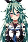  ar_(lover_boy) black_ribbon blue_eyes blue_neckwear blush breasts chain_necklace choker collarbone detached_sleeves green_hair hair_between_eyes hair_ornament hair_ribbon hairclip heart-shaped_lock heart_lock_(kantai_collection) highres kantai_collection long_hair looking_at_viewer medium_breasts neckerchief ponytail ribbon simple_background smile solo upper_body white_background yamakaze_(kantai_collection) 
