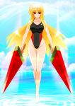  1girl angry barefoot black_swimsuit blonde_hair blue_sky breasts cloud collarbone commentary_request competition_swimsuit covered_navel day dual_wielding engo_(aquawatery) eyebrows_visible_through_hair eyes_visible_through_hair fate_testarossa floating food full_body gluteal_fold highleg highleg_swimsuit holding large_breasts long_hair lyrical_nanoha magical_girl mahou_shoujo_lyrical_nanoha_strikers one-piece_swimsuit outdoors oversized_object popsicle print_swimsuit red_eyes sky solo swimsuit thigh_gap water watermelon_bar 