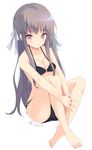  :/ bangs barefoot bikini black_bikini breasts brown_eyes cleavage collarbone commentary_request eyebrows_visible_through_hair full_body grey_hair interlocked_fingers leg_hug legs long_hair looking_at_viewer medium_breasts mimura_zaja original own_hands_together plantar_flexion simple_background solo swimsuit toes twitter_username v_arms white_background 