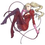  blonde_hair blue_eyes bodysuit boots breasts cleavage full_body gloves keg large_breasts long_hair persona persona_5 pink_gloves red_footwear red_legwear solo takamaki_anne thigh_boots thighhighs tongue twintails whip white_background 