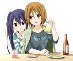  alcohol alternate_costume alternate_hairstyle asahi_breweries beer beer_bottle blue_hair blush brown_eyes casual cup dresstrip drinking_glass food fork hair_down jacket_on_shoulders k-on! looking_back multiple_girls nakano_azusa plate shirt_tug simple_background sitting table tainaka_ritsu twintails white_background 