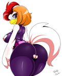  avian beak big_breasts big_butt bird blue_eyes breasts brown_hair butt chicken clothed clothing female hair looking_back nipples pose raised_tail smile solo tart teddy_jack tight_clothing voluptuous wide_hips 