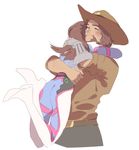  1girl beard belt blue_bodysuit blush bodysuit boots brown_hair brown_shirt closed_eyes cowboy_hat d.va_(overwatch) facial_hair full_body glomp happy hat headphones hug long_hair mccree_(overwatch) mechanical_arm overwatch pilot_suit prosthesis prosthetic_arm shirt short_sleeves simple_background sketch skin_tight smile sylvaur_(serpygardy) upper_body white_background white_footwear 