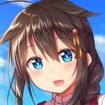  :d ahoge bangs blue_eyes blue_sky blush braid brown_hair close-up cloud cloudy_sky commentary_request day gurande_(g-size) hair_between_eyes hair_flaps hair_ornament kantai_collection looking_at_viewer open_mouth outdoors portrait remodel_(kantai_collection) ribbed_sweater shigure_(kantai_collection) single_braid sky smile solo sweater teeth turtleneck 