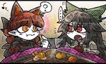  2girls ? animal_ears bangs black_bow black_dress black_hair black_wings blunt_bangs blush_stickers bow braid cat_ears collared_shirt dress eyebrows_visible_through_hair food fruit green_bow hair_bow kaenbyou_rin kotatsu letterboxed line_shading mandarin_orange multiple_girls orange_eyes pointy_ears puffy_sleeves red_hair reiuji_utsuho shirt spoken_ellipsis spoken_question_mark suenari_(peace) table third_eye touhou twin_braids white_shirt white_skin wings 