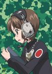  2016 artist_name bangs black_dress camouflage clipboard commentary_request dated dress emblem from_side girls_und_panzer glasses green_background headphones holding judge long_sleeves medallion parted_lips round_eyewear sakayaya sasagawa_kanon short_hair signature solo uniform upper_body wing_collar 