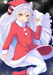  1girl amatsukaze_(kantai_collection) boots commentary commentary_request dress gurande_(g-size) hair_tubes hat highres kantai_collection long_hair looking_at_viewer pantyhose red_boots red_dress sack santa_hat silver_hair sky solo star_(sky) starry_sky thighband_pantyhose twintails two_side_up white_legwear windsock yellow_eyes 