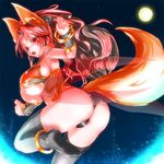  animal_ears ass black_panties bow breasts commentary_request fox_ears fox_girl full_moon hair_bow highres kiyukisuke large_breasts long_hair looking_at_viewer looking_back moon night open_mouth original panties partially_visible_vulva red_eyes red_hair sideboob sky solo star_(sky) thighhighs underboob underwear 