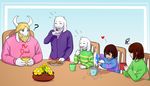  &lt;3 asgore_dreemurr asriel_dreemurr beard boss_monster caprine chair chara_(undertale) child confusion cookie cup english_text facial_hair family father flower food fur goat group happy horn human laugh long_ears mammal marshmallow mother parent plant protagonist_(undertale) rinamay simple_background stripes table text toriel undertale video_games white_fur young 