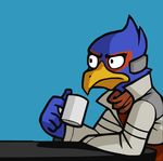  avian beak bird blue_background blue_feathers clothing cup falco_lombardi falcon feathers holding_cup jacket male nintendo reaction_image red_scarf red_shirt scarf side_view simple_background sitting solo star_fox table unknown_artist video_games white_jacket 