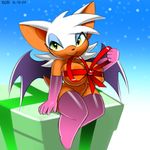  2016 anthro areola bat big_breasts breasts christmas clothing female gloves green_eyes holidays legwear looking_at_viewer makeup mammal ribbons rouge_the_bat smile solo sonic_(series) stockings video_games xylas 