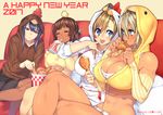  23_(real_xxiii) 4girls ahoge ahoge_girl_(23) black_hair black_legwear blonde_hair blue_eyes blush breasts brown-haired_girl_(23) brown_hair bucket chicken_costume chinese_zodiac cleavage closed_eyes couch crossed_legs dark-skinned_girl_(23) dark_skin detached_sleeves eating finger_in_mouth flat-chested_girl_(23) fried_chicken happy_new_year highres hood hoodie jewelry kfc large_breasts long_hair multiple_girls navel new_year open_mouth original pantyhose red_eyes ring short_hair sitting smile tongue tongue_out wedding_band wife_and_wife year_of_the_rooster yuri 