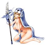  &gt;:) bare_legs bare_shoulders barefoot blonde_hair blue_eyes breasts claws cloak full_body fur_trim gen_(genetrix) large_breasts long_hair looking_at_viewer monster_girl monster_girl_encyclopedia naked_cloak navel nipples paws polearm selkie_(monster_girl_encyclopedia) simple_background sitting smile smirk solo spear v-shaped_eyebrows weapon white_background 