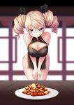  :3 absurdres bangs bare_shoulders black_dress black_ribbon blonde_hair blue_eyes blurry breasts china_dress chinese_clothes cleavage cleavage_cutout closed_mouth cowboy_shot depth_of_field dress drill_hair eyebrows_visible_through_hair food hair_ribbon highres large_breasts leaning_forward looking_at_viewer mapo_doufu original panties ribbon short_dress side-tie_panties sleeveless sleeveless_dress smile solo twin_drills underwear v-shaped_eyebrows white_panties zheyi_parker 