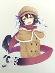  alternate_costume black_hair black_wings capelet coat earmuffs feathers hat looking_at_viewer mumyuu pom_pom_(clothes) red_eyes red_scarf scarf shameimaru_aya simple_background smile solo touhou wings winter_clothes winter_coat 