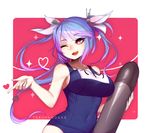  ;d artist_name bangs bare_arms blue_hair blue_swimsuit breasts character_name clothes_writing collarbone covered_navel cowboy_shot eyebrows_visible_through_hair gradient_hair hair_ribbon heart holding holding_torpedo i-19_(kantai_collection) index_finger_raised kantai_collection large_breasts long_hair looking_at_viewer multicolored multicolored_background multicolored_hair name_tag one-piece_swimsuit one_eye_closed open_mouth outside_border red_eyes ribbon school_swimsuit sleeveless smile solo sparkle star star-shaped_pupils swimsuit symbol-shaped_pupils terupancake torpedo tri_tails two-tone_background two-tone_hair 
