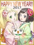  2girls ? black_eyes black_hair blonde_hair floral_print flower gen_7_pokemon green_eyes green_kimono hair_flower hair_ornament happy_new_year japanese_clothes kimono lillie_(pokemon) long_hair mizuki_(pokemon) multiple_girls new_year oekkim open_mouth pink_kimono pokemon pokemon_(creature) pokemon_(game) pokemon_sm ponytail rowlet short_hair spoken_question_mark 