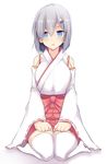  alternate_costume bare_shoulders blue_eyes breasts detached_sleeves full_body hair_between_eyes hair_ornament hair_over_one_eye hairclip hamakaze_(kantai_collection) japanese_clothes kantai_collection long_sleeves looking_at_viewer medium_breasts miko no_shoes parted_lips ribbon-trimmed_sleeves ribbon_trim sash silver_hair simple_background sitting solo takeyuu thighhighs wariza white_background white_legwear wide_sleeves 