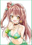  bare_shoulders bikini_top blush breasts brown_eyes brown_hair choker earrings green_bikini_top green_nails heart heart_earrings highres jewelry long_hair looking_at_viewer love_live! love_live!_school_idol_project medium_breasts minami_kotori nail_polish nanakusa_amane natsuiro_egao_de_1_2_jump! navel one_side_up open_mouth solo white_background 