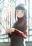  bangs birthday black_hair blunt_bangs character_name english green_eyes grin hair_ornament happy_birthday highres kurosawa_dia love_live! love_live!_sunshine!! mole mole_under_mouth morning papi_(papiron100) ribbed_sweater sidelocks smile solo straight_hair sunlight sweater turtleneck turtleneck_sweater window 