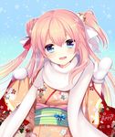  agekichi_(heart_shape) blue_eyes happy_new_year japanese_clothes kimono long_hair mittens new_year original pink_hair solo 