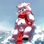  animal_genitalia anthro barefoot bear blush breath cub front_view fully_sheathed lilinfeng looking_down male mammal moobs mostly_nude navel nipples overweight overweight_male pawpads pawprint polar_bear scarf sheath sitting snow solo young 
