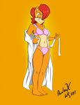  2017 anthro aval0nx bathrobe blue_eyes bra chipmunk clothing female hair mammal naughty_face panties red_hair robe rodent sally_acorn smile solo sonic_(series) underwear undressing 