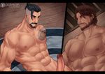  2boys abs bara censored erection hanzo_(overwatch) lying male_focus mccree_(overwatch) multiple_boys muscle nipples nude overwatch pecs penis piercing smile tattoo yaoi 