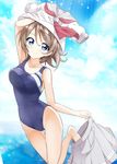  absurdres blue_eyes breasts brown_hair grey_skirt highres looking_at_viewer love_live! love_live!_sunshine!! medium_breasts nanakusa_amane one-piece_swimsuit school_uniform serafuku short_hair skirt skirt_removed smile solo swimsuit undressing uranohoshi_school_uniform watanabe_you 