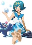  baggy_pants barefoot blue_eyes blue_hair blush bubble capri_pants feet gen_7_pokemon hairband highres kuroi_ohagi one-piece_swimsuit open_mouth pants pokemon pokemon_(creature) pokemon_(game) pokemon_sm popplio sandals sandals_removed shoes_removed short_hair simple_background sleeveless smile soles solo suiren_(pokemon) swimsuit swimsuit_under_clothes toes trial_captain white_background 