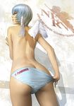  angel ass ayanami_rei back bangs blue_hair blue_panties butt_crack character_name closed_mouth cowboy_shot feathered_wings from_below looking_at_viewer looking_back looking_down mini_wings neon_genesis_evangelion nerv panties panty_pull profile pulled_by_self realistic red_eyes short_hair solo topless underwear watanabe_yasuaki white_wings wings 