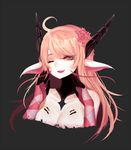  ;d ahoge bangs black_background breasts cleavage collarbone commentary flower grey_eyes hair_flower hair_ornament hands_up horns long_hair looking_at_viewer medium_breasts one_eye_closed open_mouth original pale_skin pink_hair pointy_ears portrait simple_background smile solo swept_bangs terupancake 