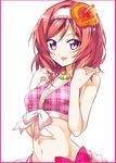  :p bare_shoulders bikini blush breasts flower hair_flower hair_ornament hairband highres jewelry looking_at_viewer love_live! love_live!_school_idol_project medium_breasts nanakusa_amane navel necklace nishikino_maki plaid plaid_bikini purple_eyes red_hair short_hair solo swimsuit tongue tongue_out white_background 