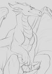  2016 animal_genitalia black_and_white claws digital_drawing_(artwork) digital_media_(artwork) dragon erection feral frill front_view genital_slit hi_res holding_penis horn looking_down male membranous_wings monochrome penis pointing presenting presenting_penis ridged_penis scales scalie simple_background sketch slit solo spread_legs spreading syrilth tongue tongue_out western_dragon white_background wings yaroul 