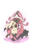  blue_eyes costume gen_7_pokemon highres legendary_pokemon lifting long_hair looking_at_another mimikyu multicolored multicolored_eyes no_humans pink_eyes pink_hair pokemon pokemon_(creature) pulled_by_another ryouseirui shell simple_background tapu_lele white_background 