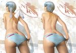  angel ass ayanami_rei back bangs blue_hair blue_panties butt_crack character_name closed_mouth commentary_request cowboy_shot feathered_wings from_below looking_at_viewer looking_back looking_down mini_wings multiple_views neon_genesis_evangelion nerv panties panty_pull profile pulled_by_self realistic red_eyes short_hair topless underwear watanabe_yasuaki white_wings wings 