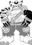  armor belt black_nose claws clothed clothing digimon erect_nipples eyes_closed fur gabumon hatake horn male nipples pants reptile scalie sharp_teeth shoulder_pads slightly_chubby smile snout solo teeth 