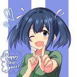  be_(o-hoho) blue_eyes blue_hair blush breasts commentary_request happy_new_year heart index_finger_raised japanese_clothes kantai_collection koi_dance large_breasts looking_at_viewer new_year one_eye_closed smile solo souryuu_(kantai_collection) twintails 