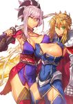  armpits artoria_pendragon_(all) artoria_pendragon_(lancer) asymmetrical_docking blonde_hair blue_eyes breast_press breasts bursting_breasts cape covered_navel crown fate/grand_order fate_(series) fur_trim gauntlets green_eyes highres katana large_breasts legs melon22 miyamoto_musashi_(fate/grand_order) multiple_girls obi one_eye_closed sash smile straddling sword thighs weapon 