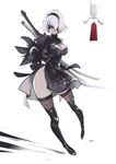  black_blindfold black_dress black_hairband black_legwear blindfold boots breasts brown_legwear cleavage_cutout closed_mouth dress feather-trimmed_sleeves frown full_body gloves hairband hips legs medium_breasts nier_(series) nier_automata pod_(nier_automata) pointing push!_(pushmylove) short_hair simple_background solo sword thigh_boots thighhighs thighhighs_under_boots thighs turtleneck turtleneck_dress weapon weapon_on_back white_background white_hair yorha_no._2_type_b 